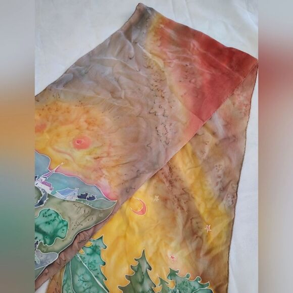 Vintage Handmade 💯 Long Silk Scarf Artisan Landscape - Picture 6 of 14
